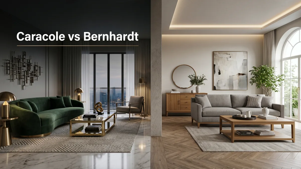 Caracole vs Bernhardt furniture, a glamorous contemporary living room beside a refined transitional one