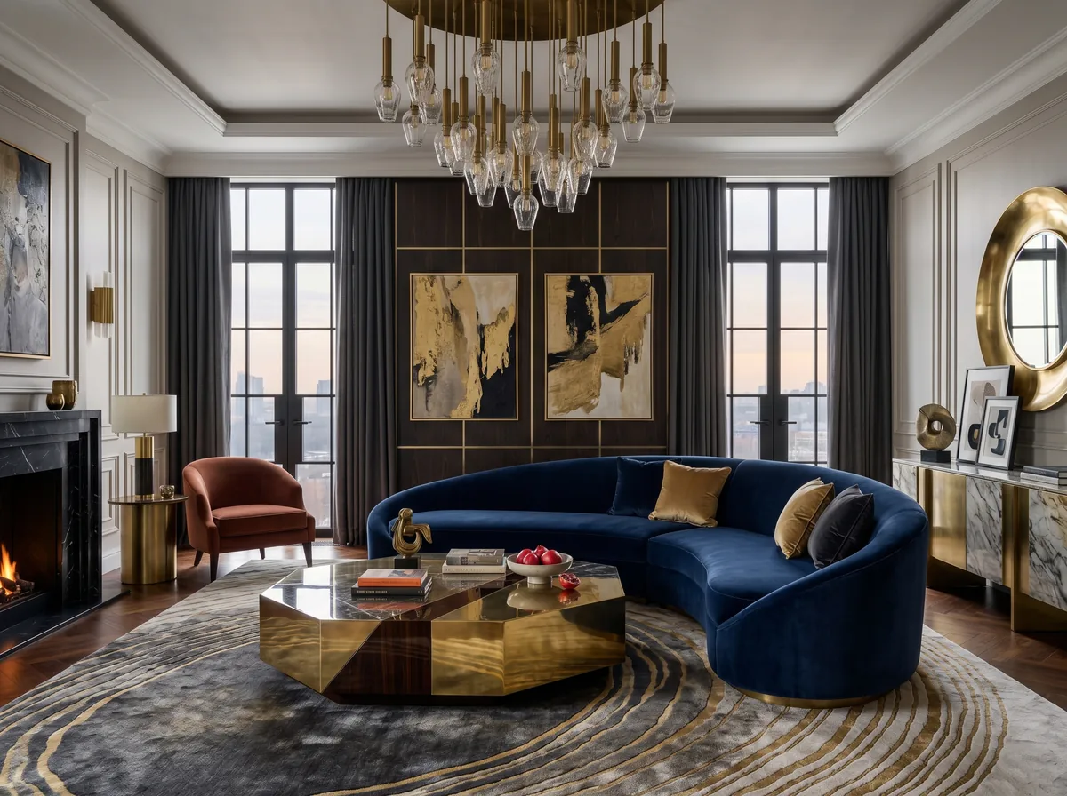 A glamorous contemporary living room with a sculptural curved sofa, high-gloss cocktail table, and brass accents in the Caracole style