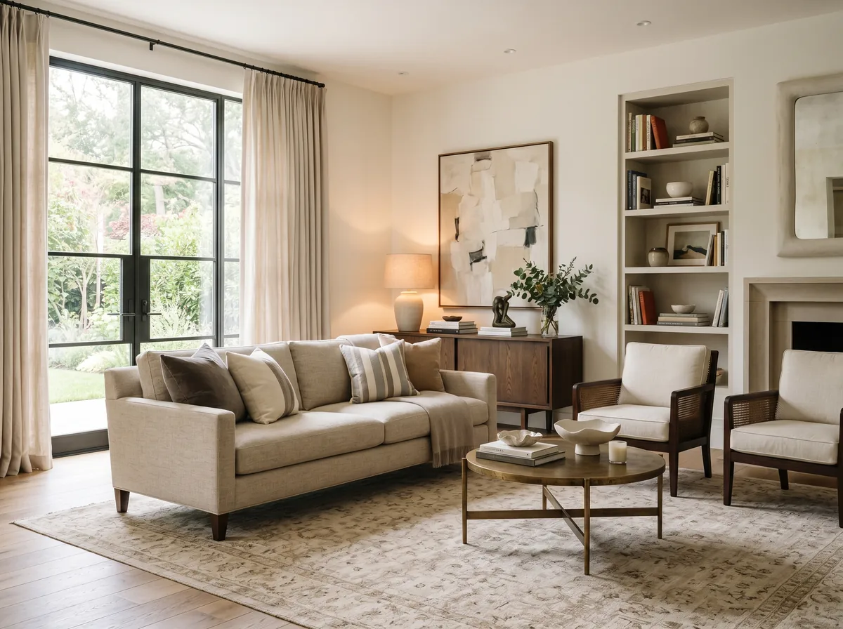 A refined transitional living room with a clean-lined sofa, warm wood case goods, and a calm neutral palette in the Bernhardt style