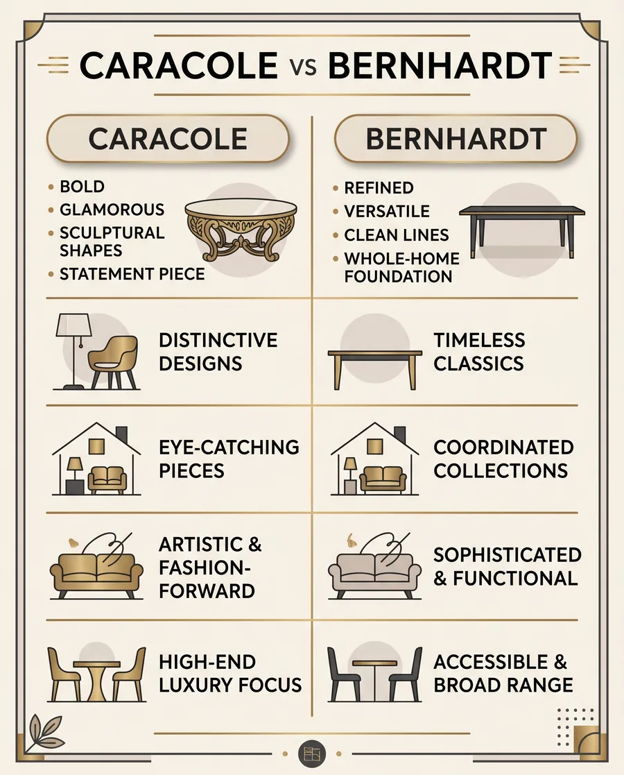 Infographic comparing Caracole and Bernhardt furniture across mood, signature look, range, and best use