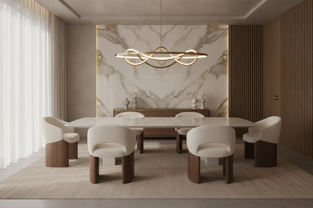 Italian modern dining room with a glossy lacquer table and sculptural dining chairs