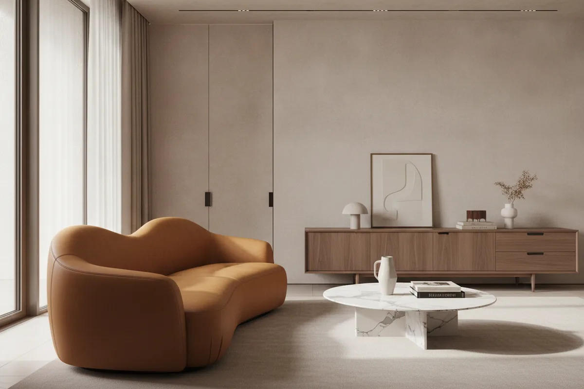 Italian modern living room with a sculptural sofa, marble table, and walnut surfaces