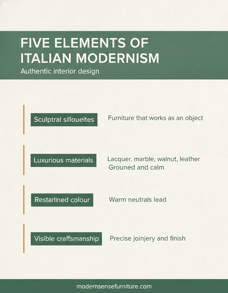 The five elements of Italian modernism: sculptural form, materials, low lines, restrained colour, craftsmanship