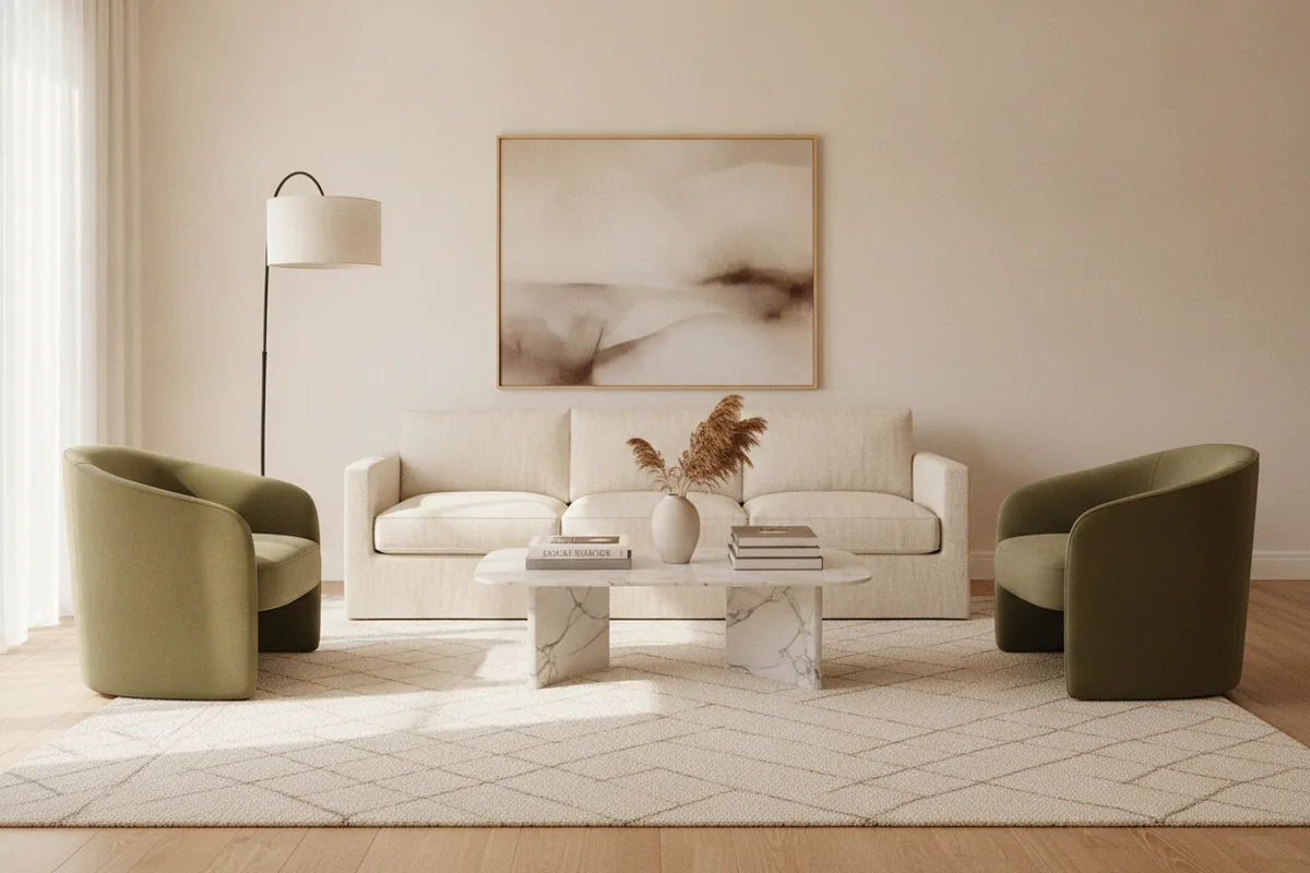 Modern living room with a sofa and two accent chairs arranged in a conversation grouping