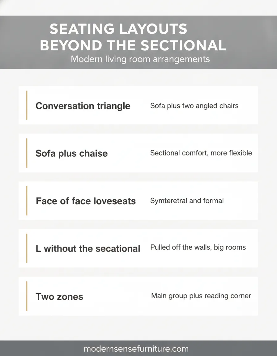 Six modern living room seating layouts beyond the sectional, with spacing guides