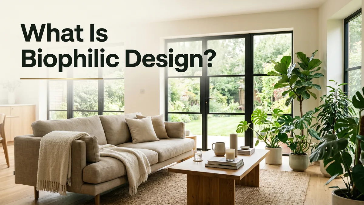 What is biophilic design, a sunlit modern living room with natural materials and leafy indoor plants