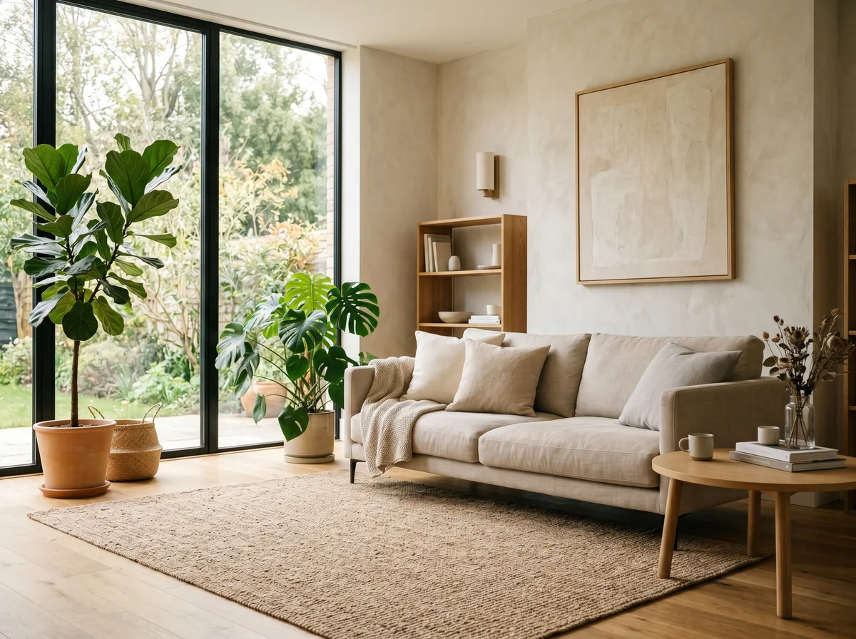 A modern living room with a low contemporary sofa, large leafy plants, oak side table, and bright natural light from a tall window