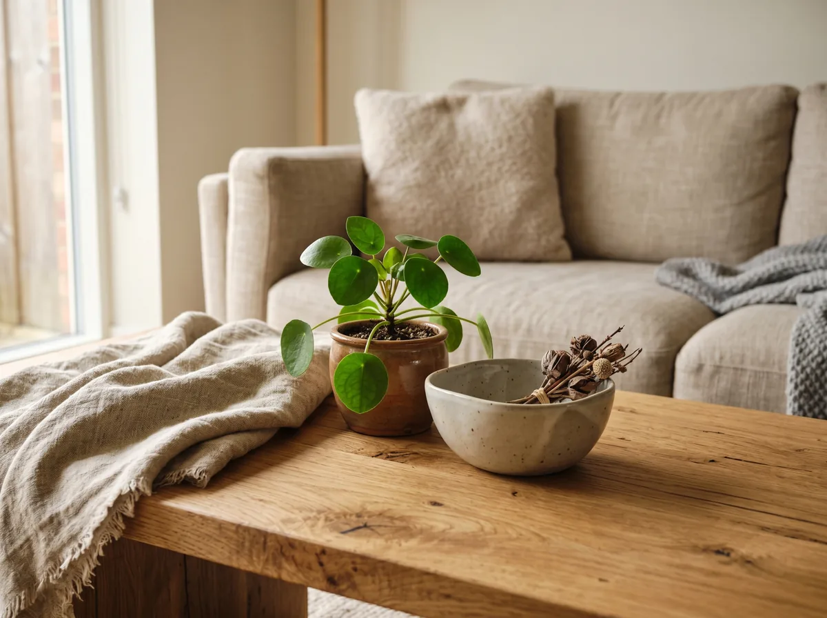A close-up of an oak coffee table with a linen throw, a small potted plant, and a contemporary sofa in soft neutral tones