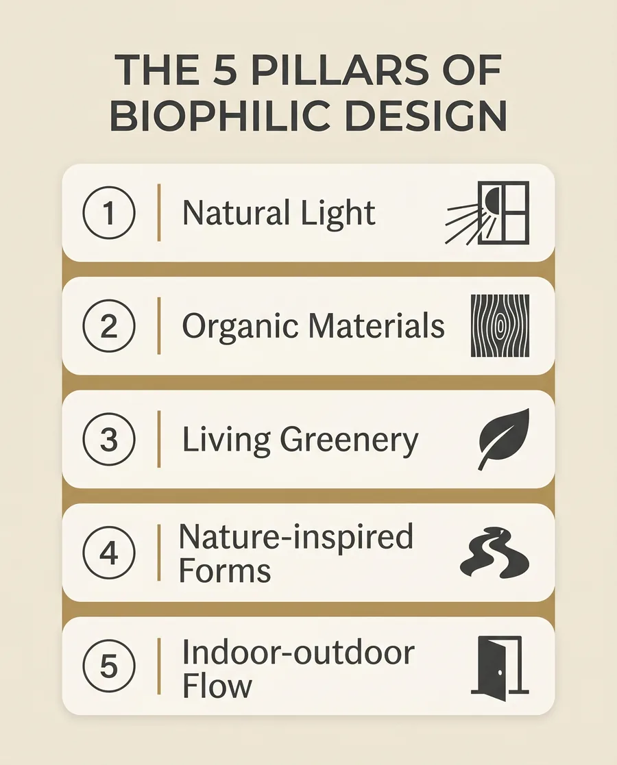 Infographic of the five pillars of biophilic design: natural light, organic materials, living greenery, nature-inspired forms, and an indoor-outdoor flow