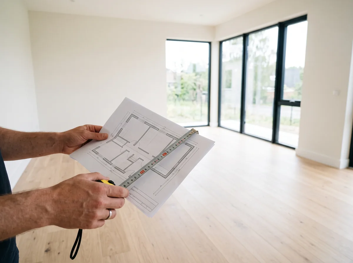 Hands with a floor plan and tape measure in an empty new build living room before furnishing