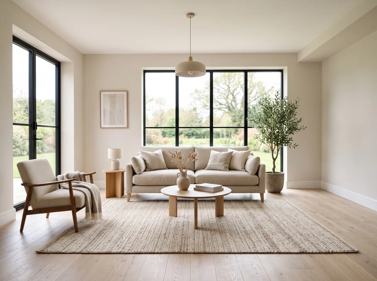 Partly furnished modern new build living room showing phased furnishing in progress