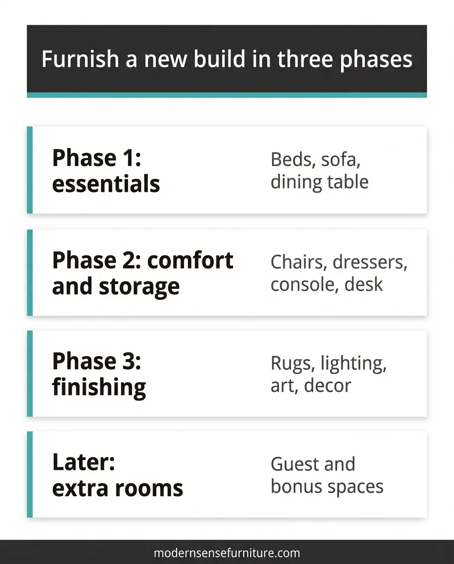 Card guide showing how to furnish a new build home in three phases plus extra rooms