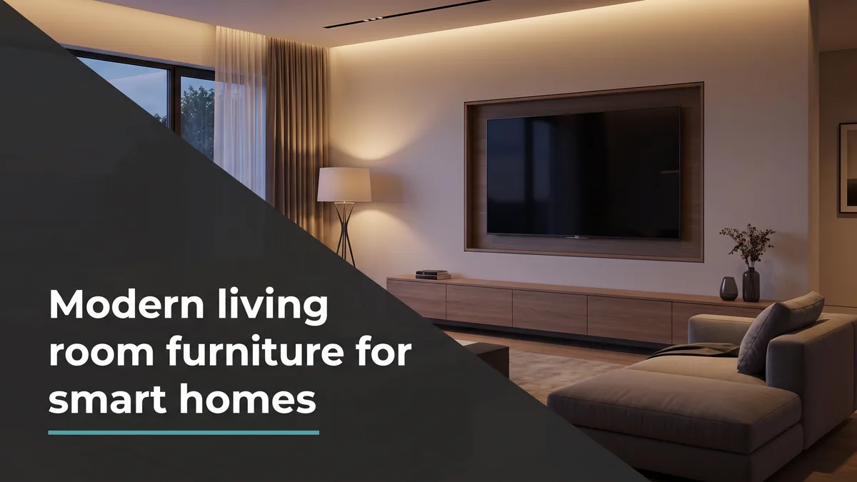 Contemporary living room at dusk with hidden tech, showing furniture for smart homes