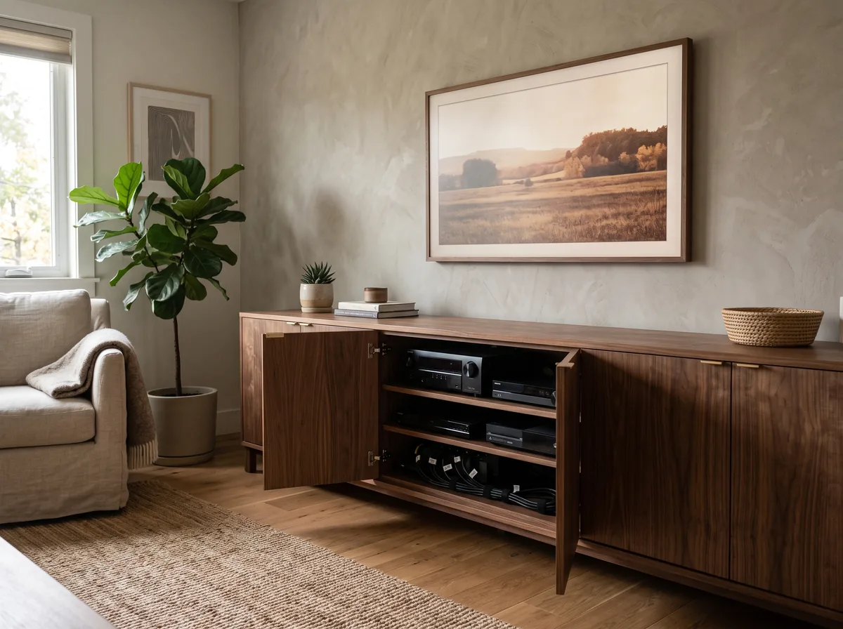 Ventilated modern media console hiding cables and devices in a smart living room