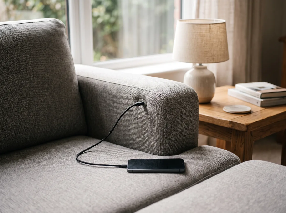 Modern sectional arm with a built-in USB charging port for a connected living room