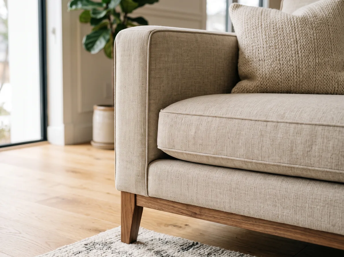 Close-up of a well-built modern sofa cushion and hardwood leg, the kind worth investing in