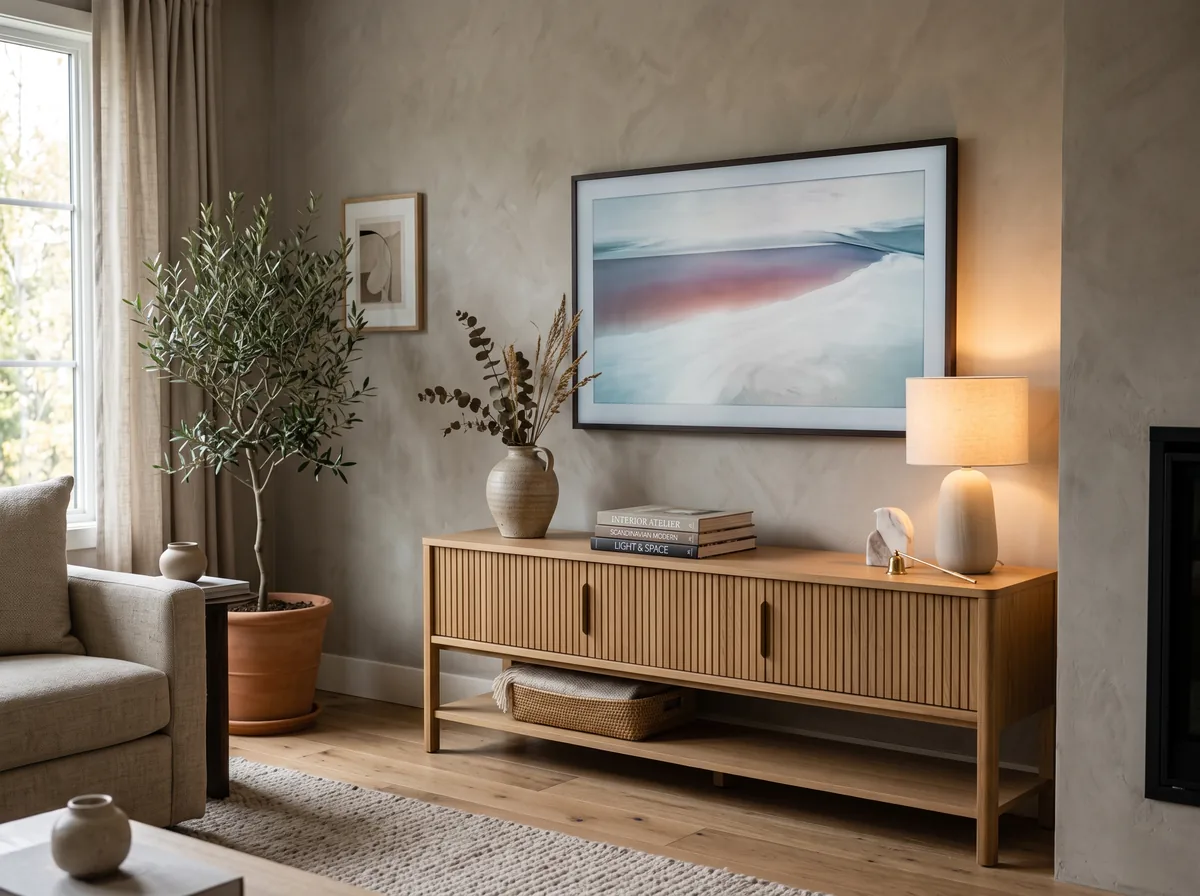 Modern media console styled with a lamp and decor showing where to save versus invest