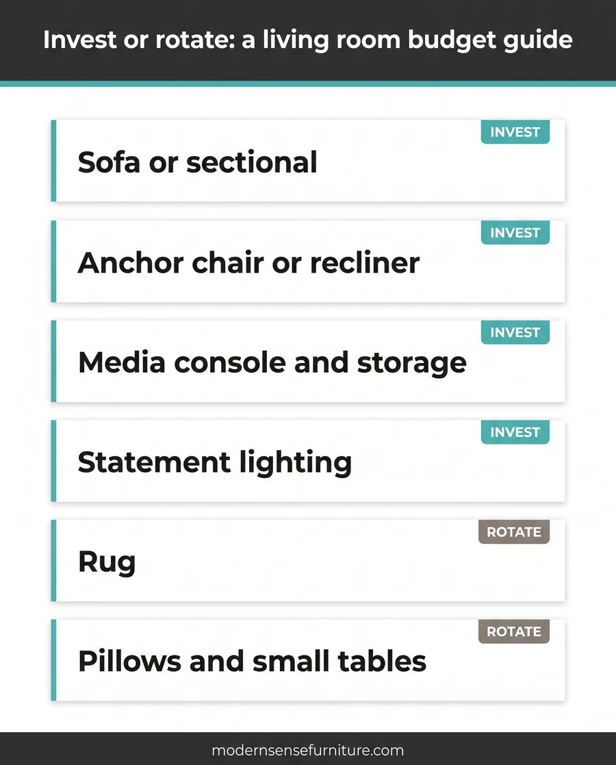 Card guide showing which living room furniture to invest in and which pieces to rotate