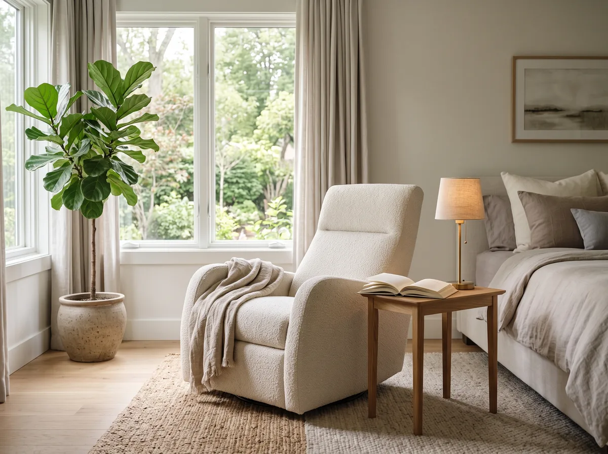 Modern reclining chair styled in a bright master bedroom corner with a lamp and throw