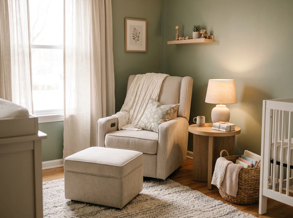 Neutral reclining glider and ottoman styled in a calm modern nursery corner