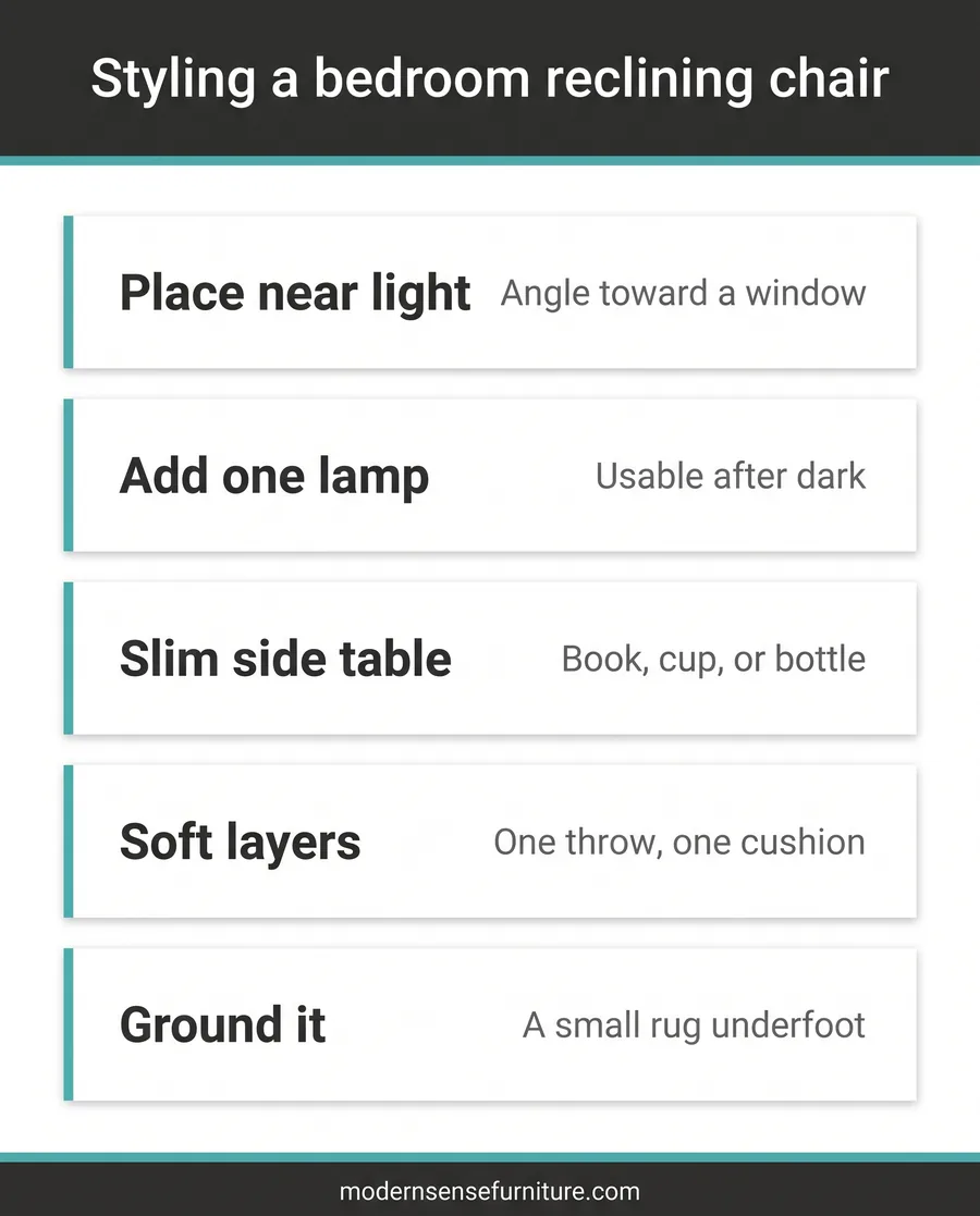 Card guide to styling a reclining chair in a bedroom corner with light, table, and layers