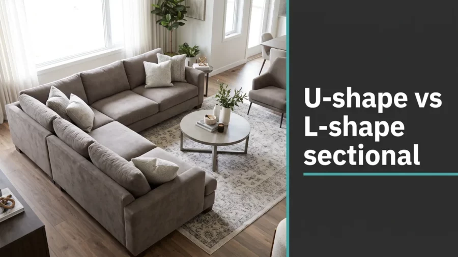 Modern L-shaped sectional in a bright room illustrating the u-shape vs l-shape sectional choice