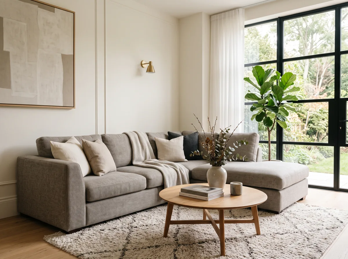 Modern L-shape sectional tucked into a bright living room corner with a chaise by the window