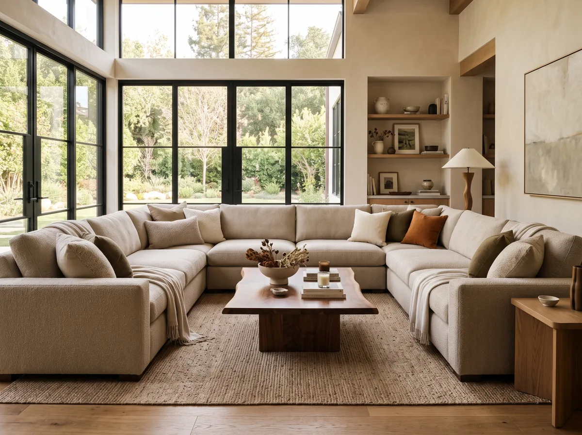 Large modern U-shape sectional wrapping three sides of a coffee table in a wide family room