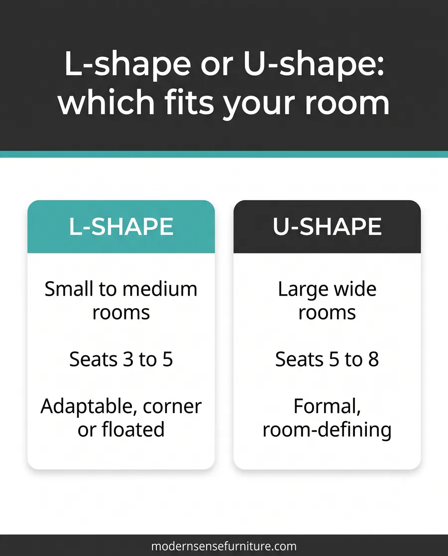Comparison card of L-shape versus U-shape sectional by room size, seating, and placement