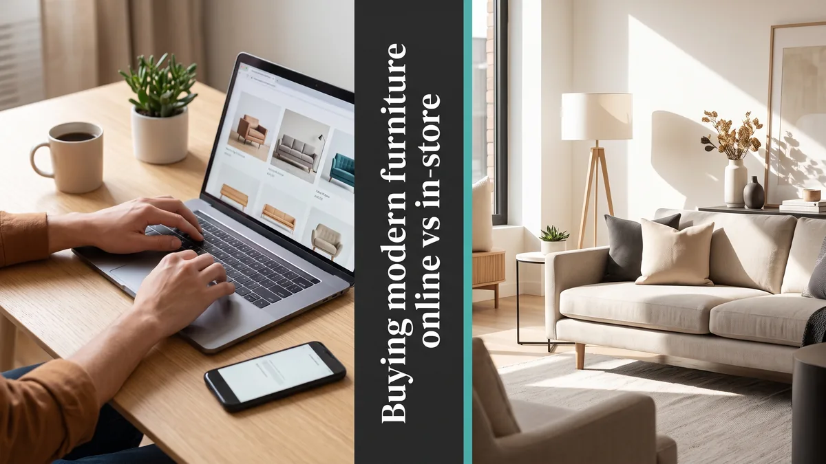 Split image of online furniture browsing on a laptop beside a modern showroom sofa