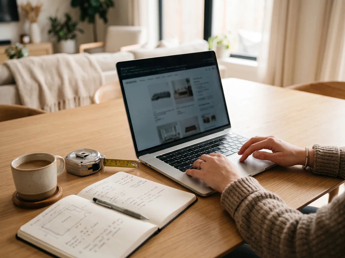 Person researching modern furniture on a laptop with a tape measure and room measurements