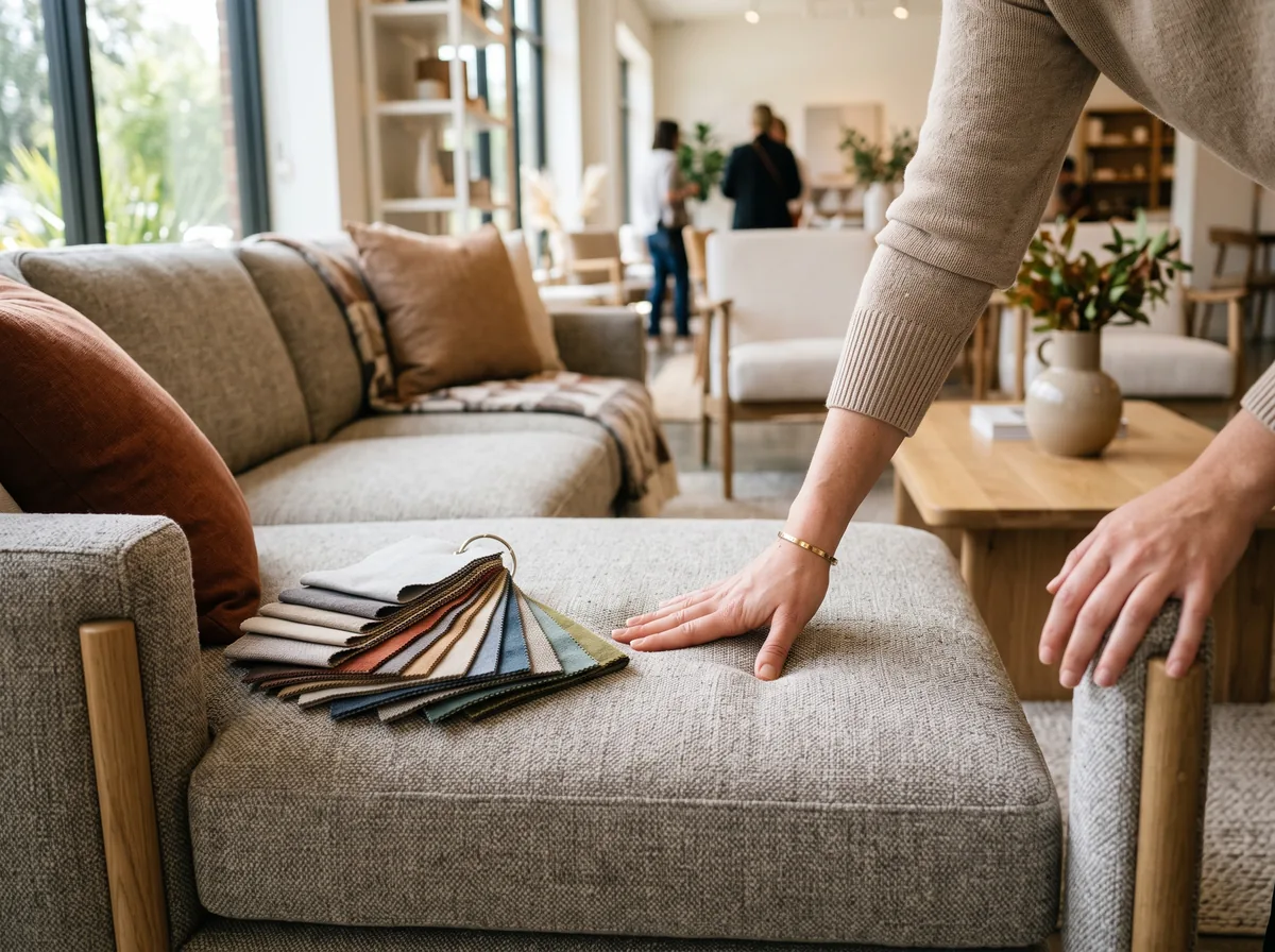 A hand testing sofa cushion firmness in a showroom with fabric swatches on the seat