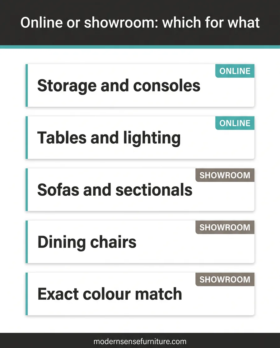 Card guide showing which furniture to buy online and which to see in a showroom