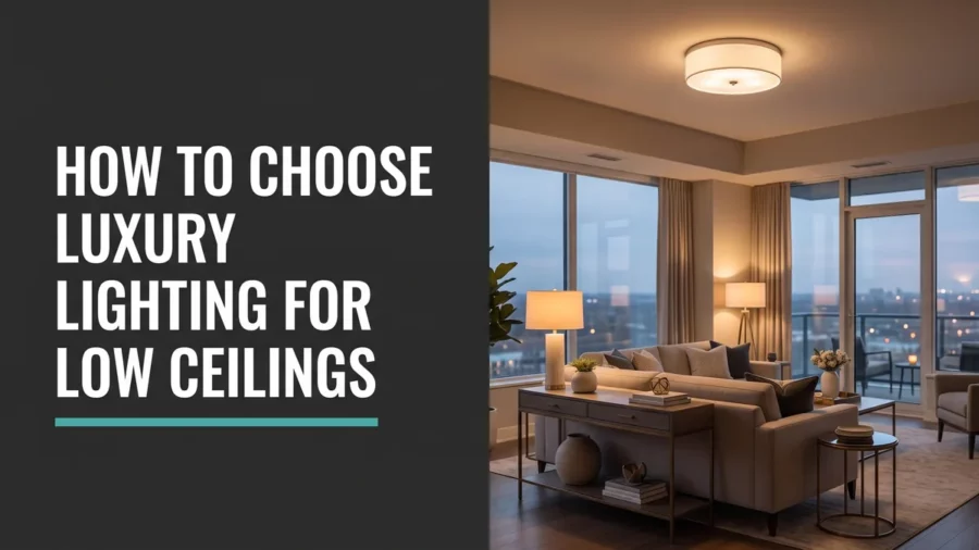 Modern condo living room with a low ceiling and a glowing semi-flush luxury light fixture