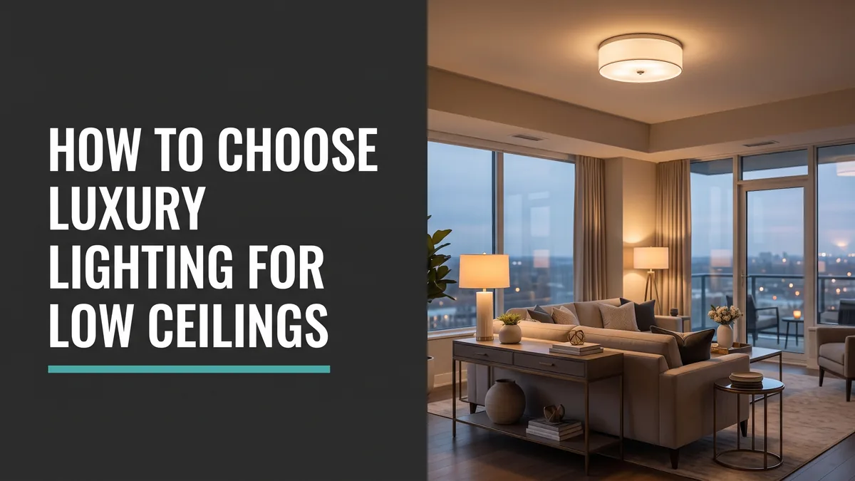 Modern condo living room with a low ceiling and a glowing semi-flush luxury light fixture