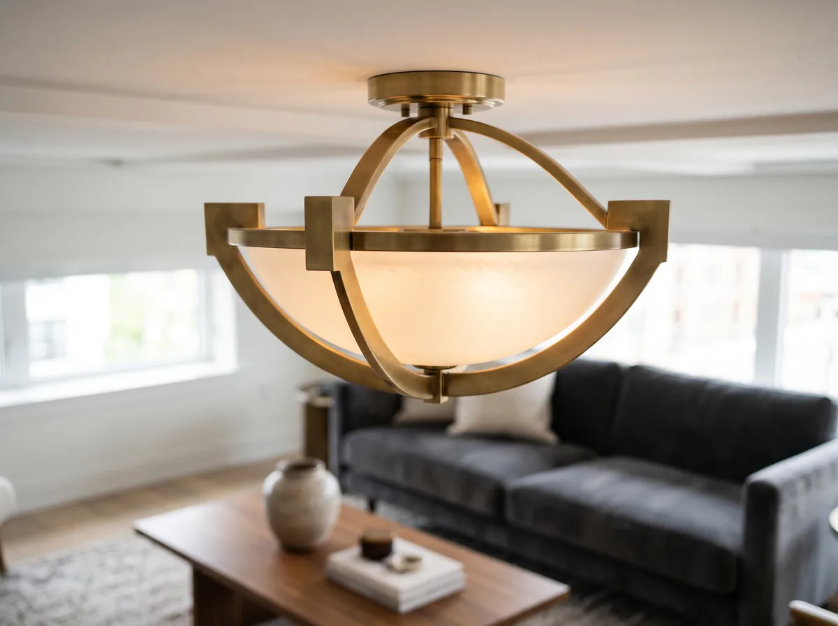 Close-up of a modern semi-flush ceiling light fixture mounted on a low condo ceiling