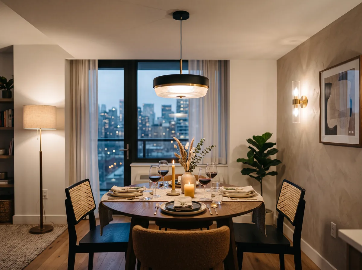 Compact pendant over a dining table with layered lamplight in a low-ceiling condo