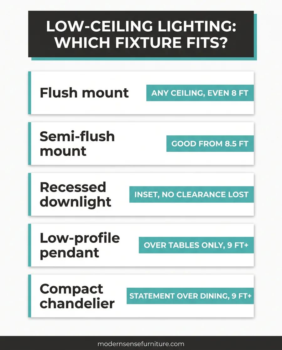 Card guide matching luxury lighting fixture types to condo ceiling heights for low ceilings