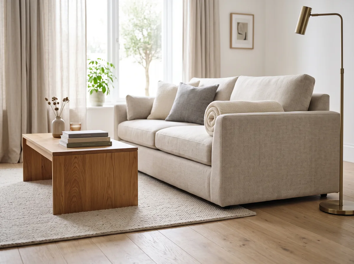 Side view of a sofa and coffee table showing balanced height and legroom spacing