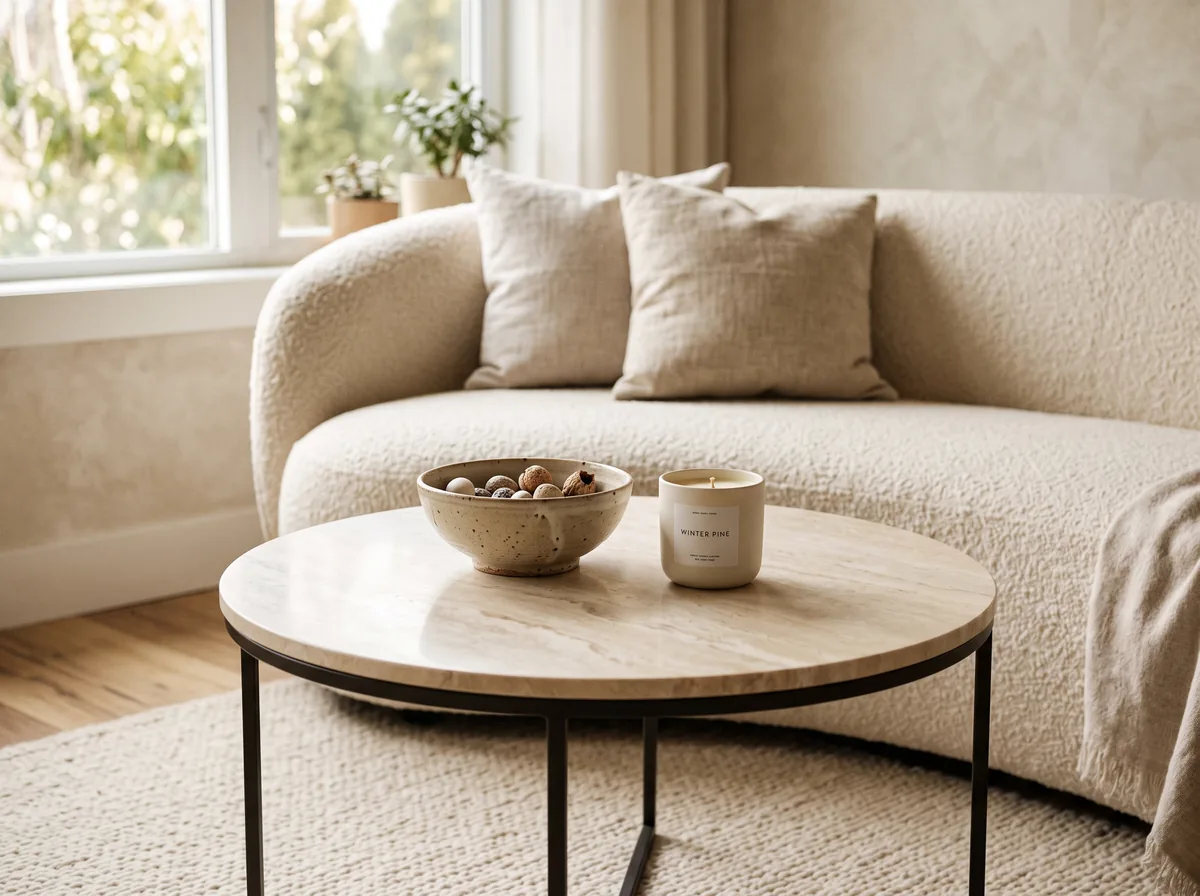 Round stone-top coffee table paired with a curved boucle sofa in a soft neutral palette