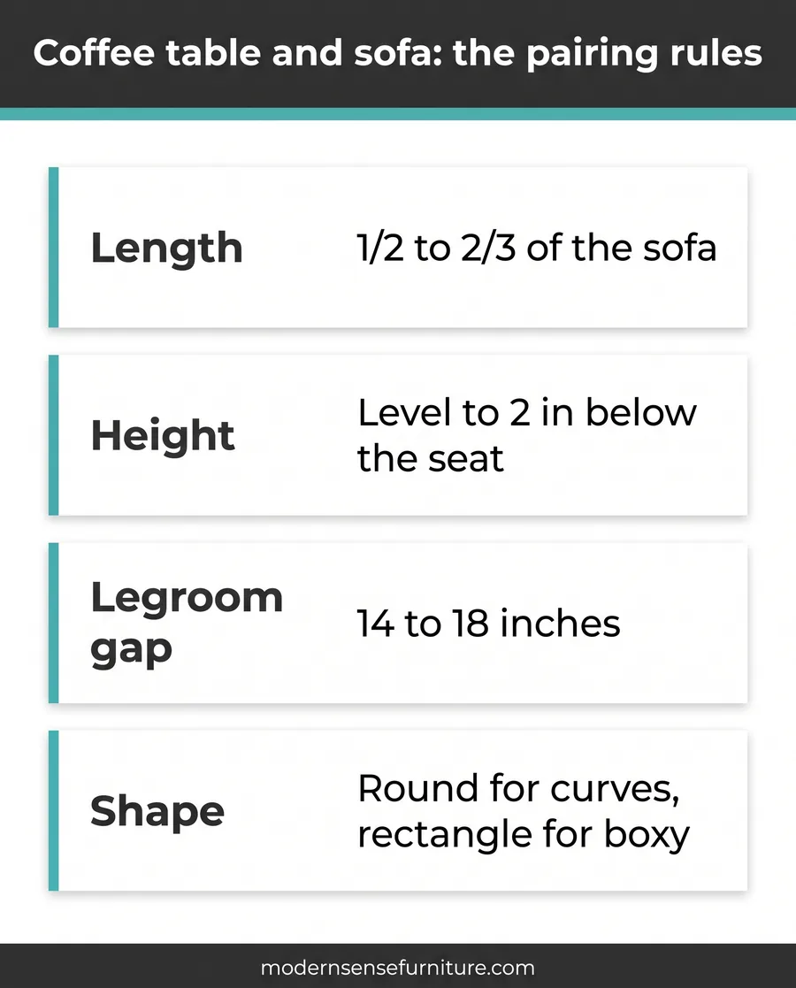 Card guide showing coffee table length, height, legroom, and shape rules for pairing with a sofa