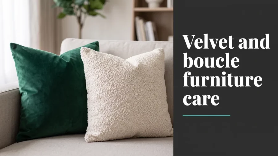 Emerald velvet and cream boucle cushions on a modern sofa illustrating fabric care