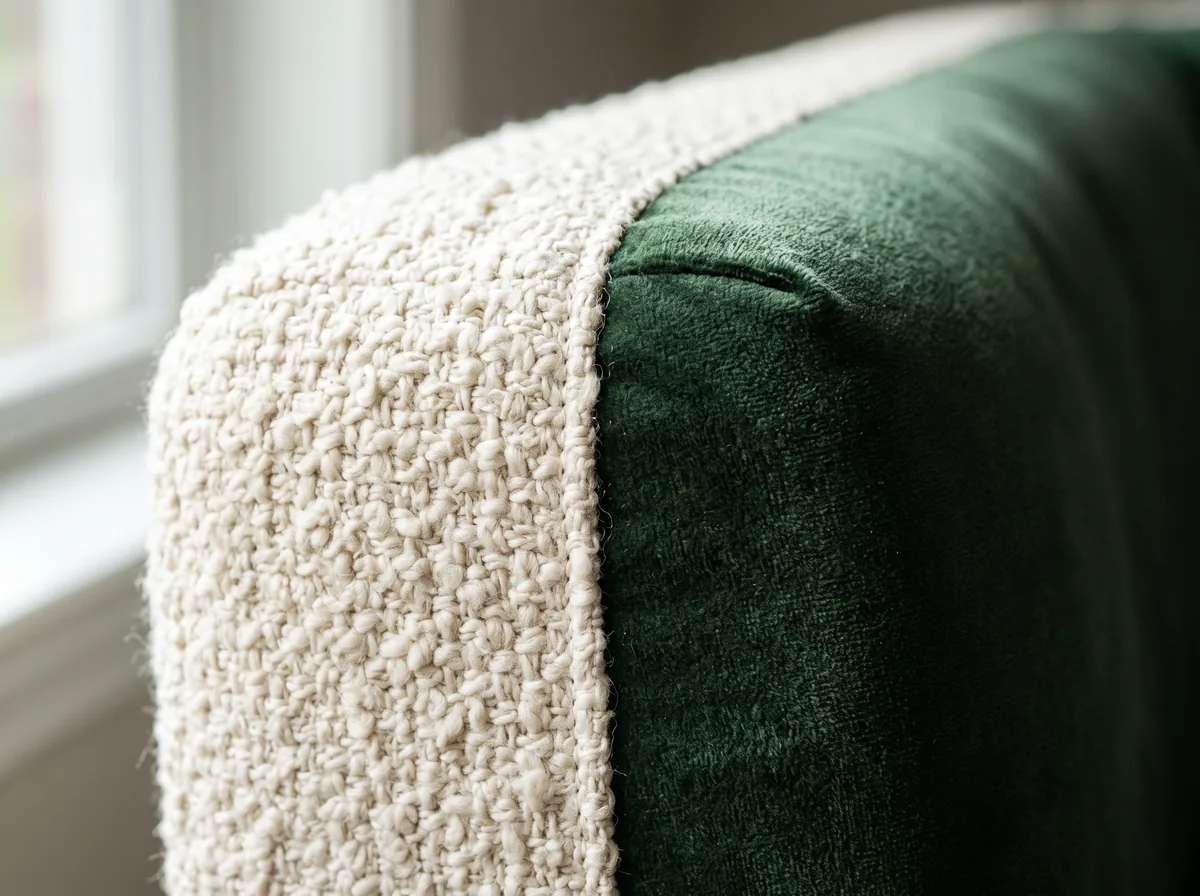 Macro close-up comparing velvet pile texture with looped boucle weave on upholstery