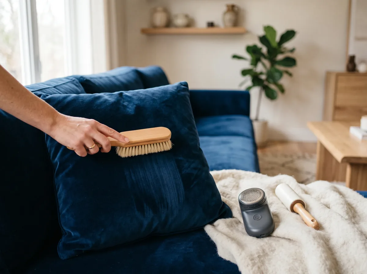 A soft brush grooming velvet pile with a fabric shaver and lint roller nearby for upkeep