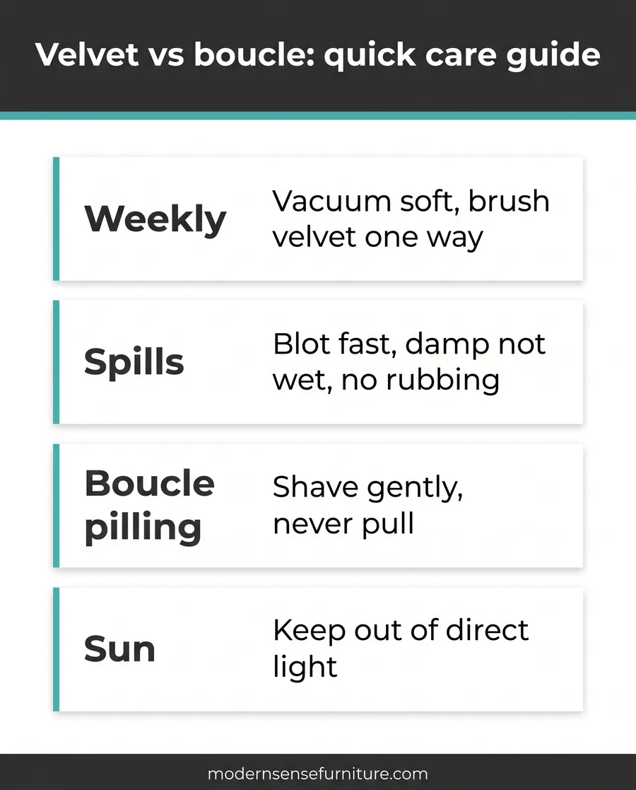 Card guide comparing weekly care, spills, pilling, and sun protection for velvet and boucle