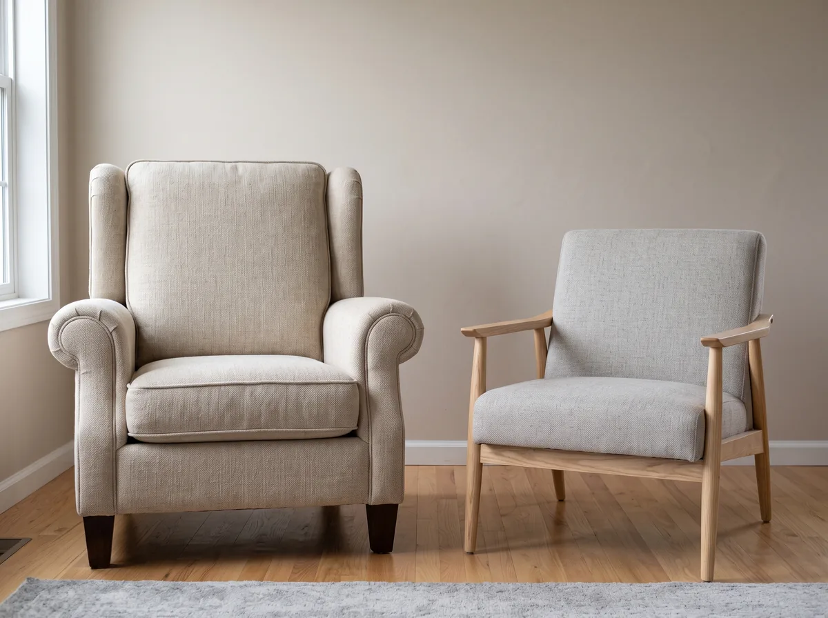 Two occasional chairs with different arm heights placed against a narrow living room wall for comparison