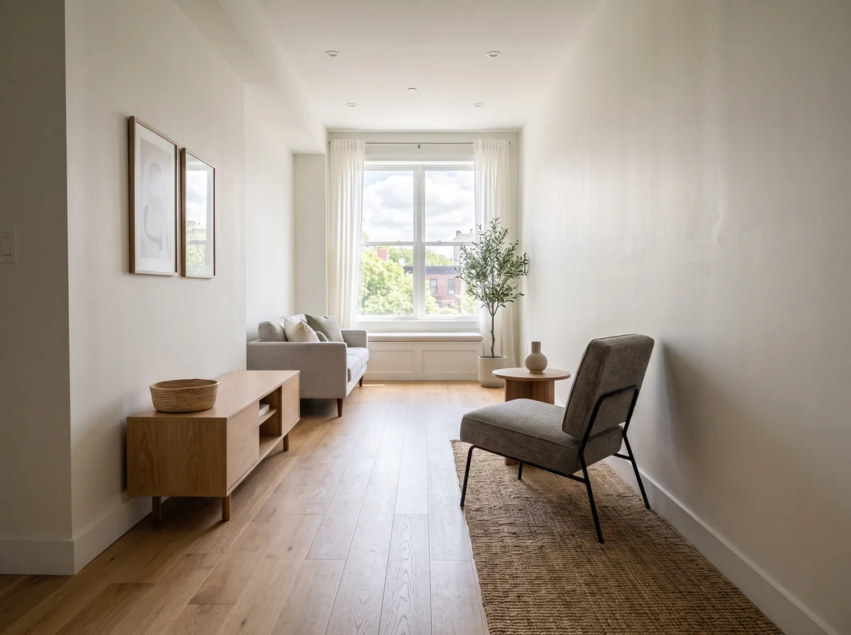 Accent chairs for narrow living rooms shown beside a clear walking lane in a compact Toronto condo