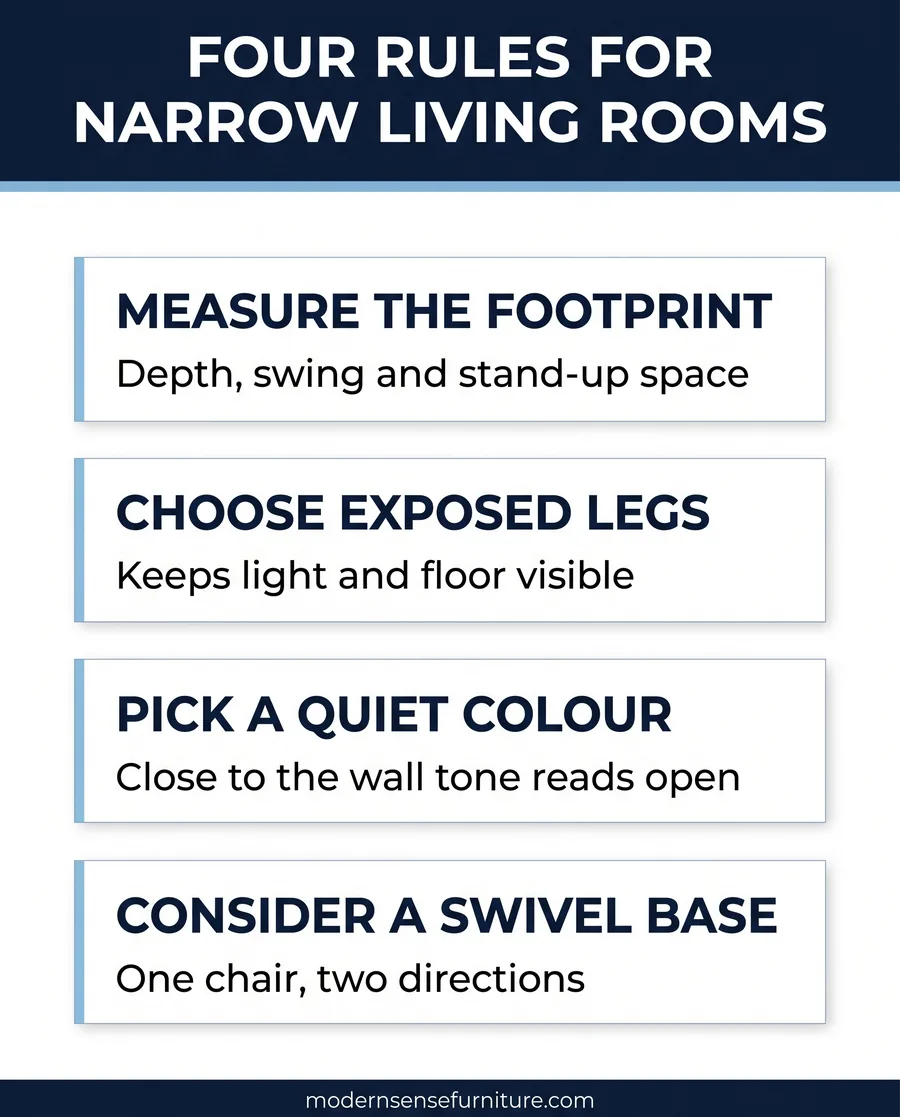 Card layout showing four rules for choosing an accent chair in a narrow living room