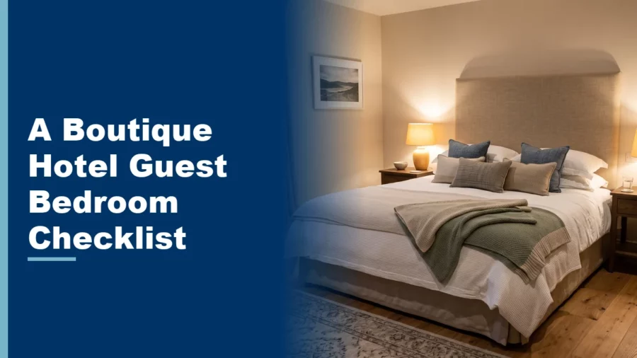 Boutique hotel guest bedroom with an upholstered headboard and warm nightstand lamps