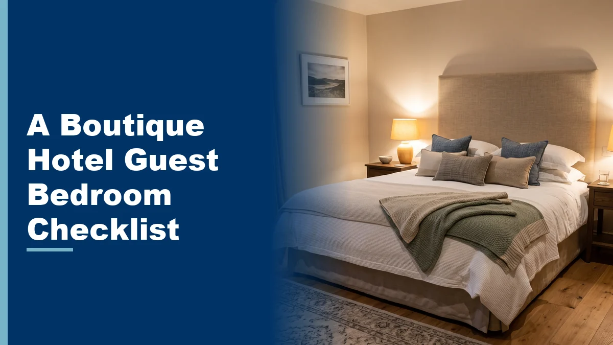 Boutique hotel guest bedroom with an upholstered headboard and warm nightstand lamps